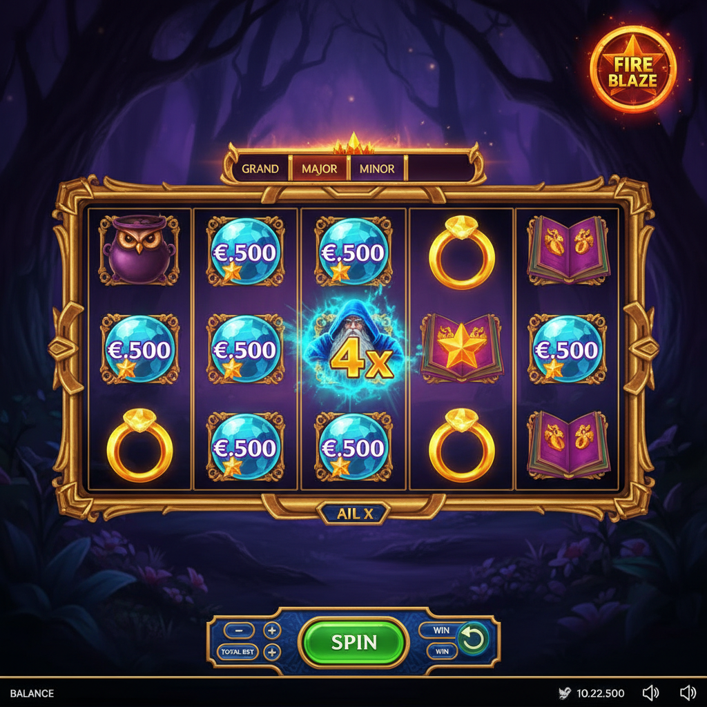 Blue Wizard slot review 2026 showing Fire Blaze respins feature with Crystal Ball symbols and multiplier wilds