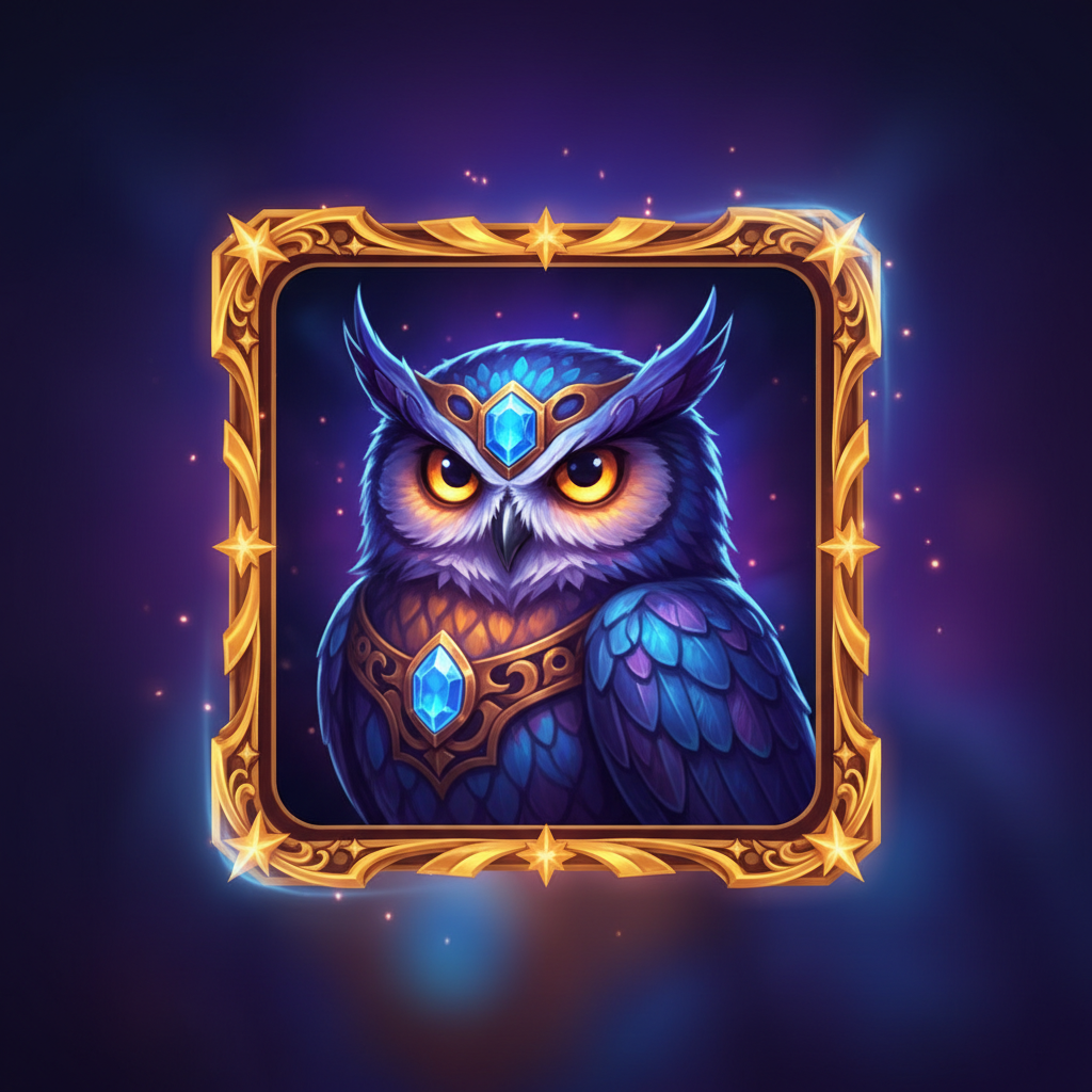 Owl symbol - majestic owl with blue and purple feathers, orange facial details, wearing ornate blue gem headpiece