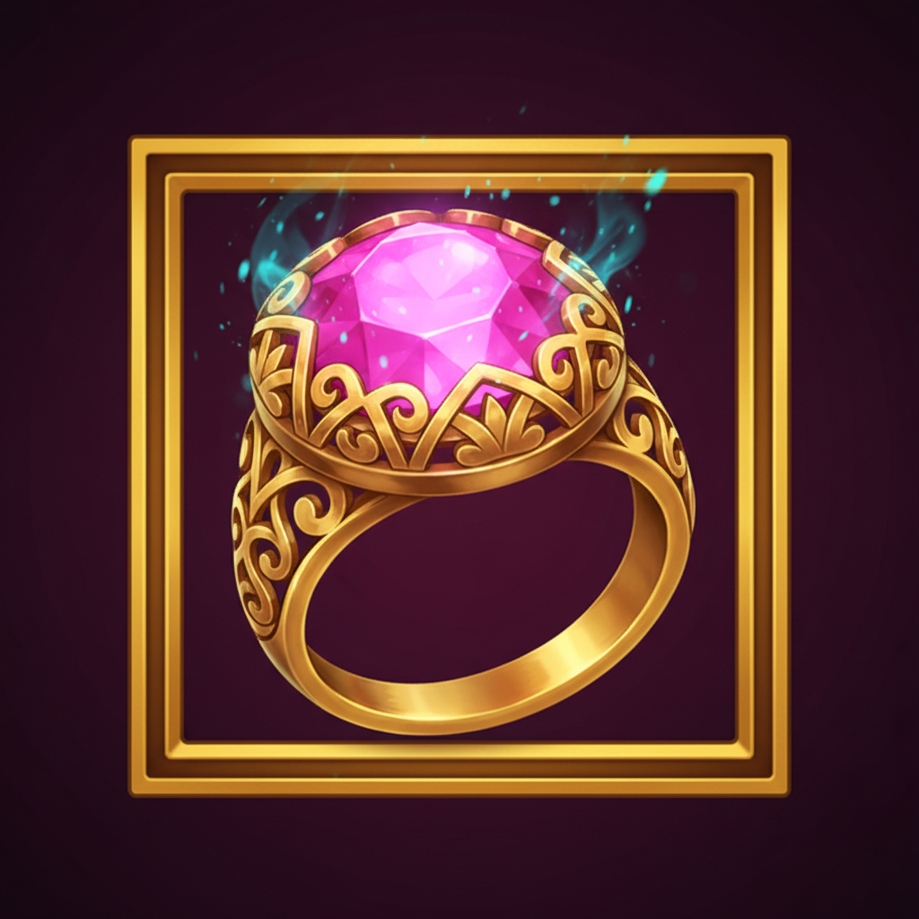 Ring symbol - golden ornate ring with large glowing pink-magenta gemstone and elaborate filigree setting