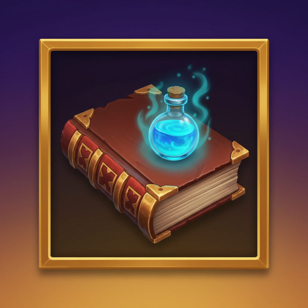 Spell Book symbol - brown leather-bound book with red spine, golden clasps, and glowing blue potion bottle
