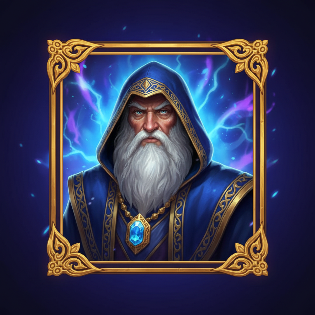 Wild symbol showing Blue Wizard with flowing white beard, blue hooded robe with golden trim, and glowing blue magical aura